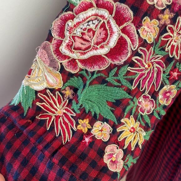 ZARA TRF Embroidered Boho Western Grunge Cowgirl Floral Duster Plaid Shirt Dress - Picture 3 of 10